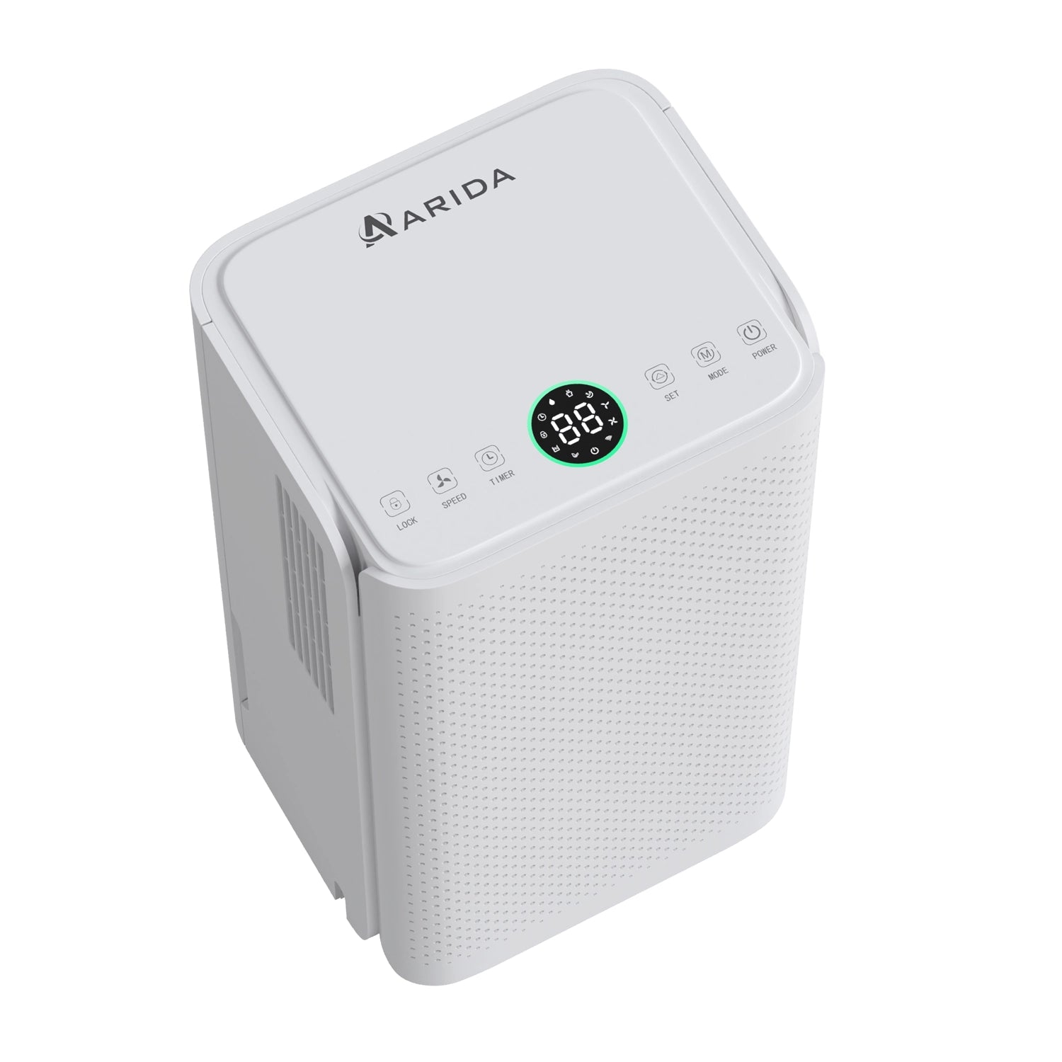 Arida Larvik luftavfukter til leilighet og stue topp med betjeningspanel og funksjoner