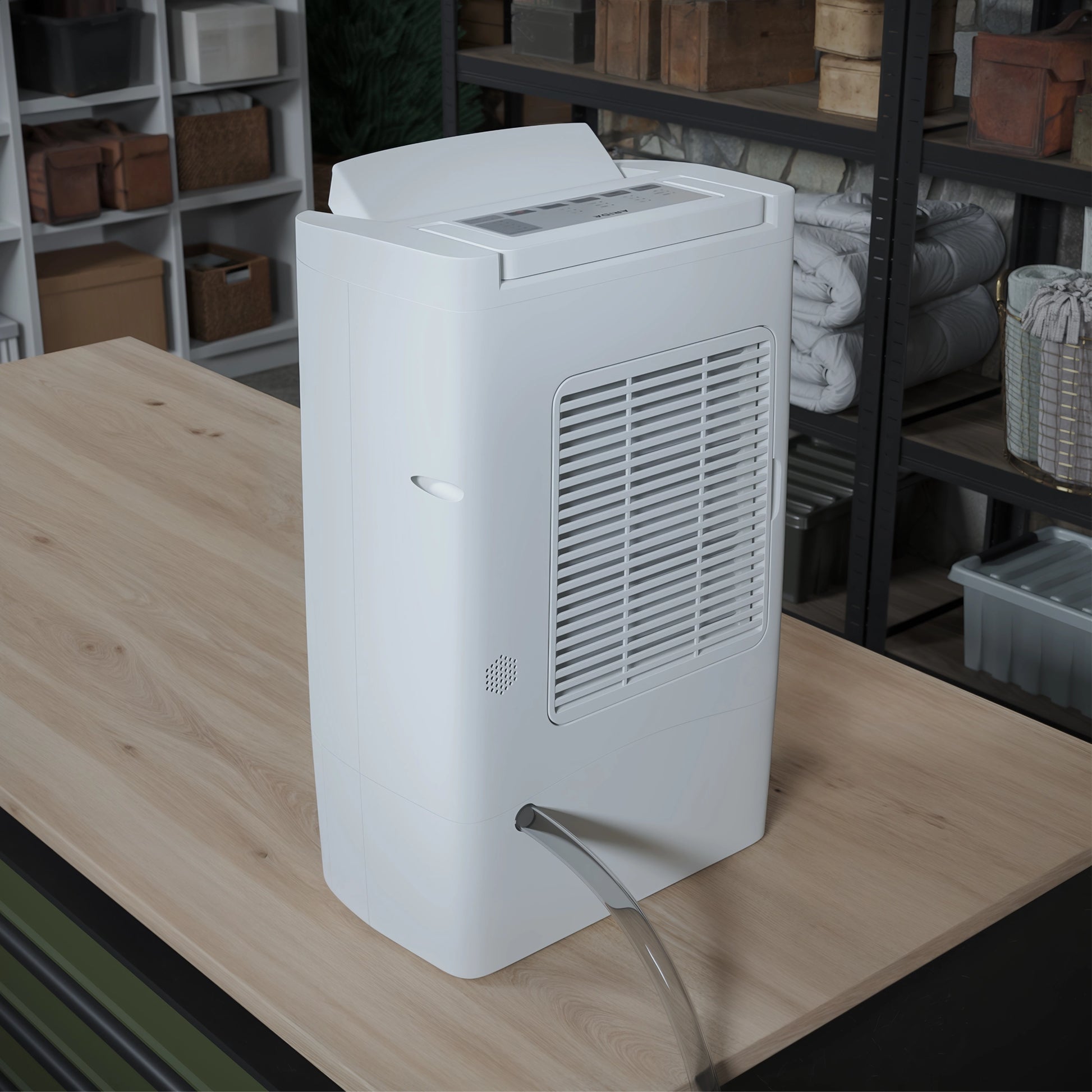 Arida Sandefjord luftavfukter med tørkerotor og WiFi bakside med slangetilkobling for kontinuerlig drenering