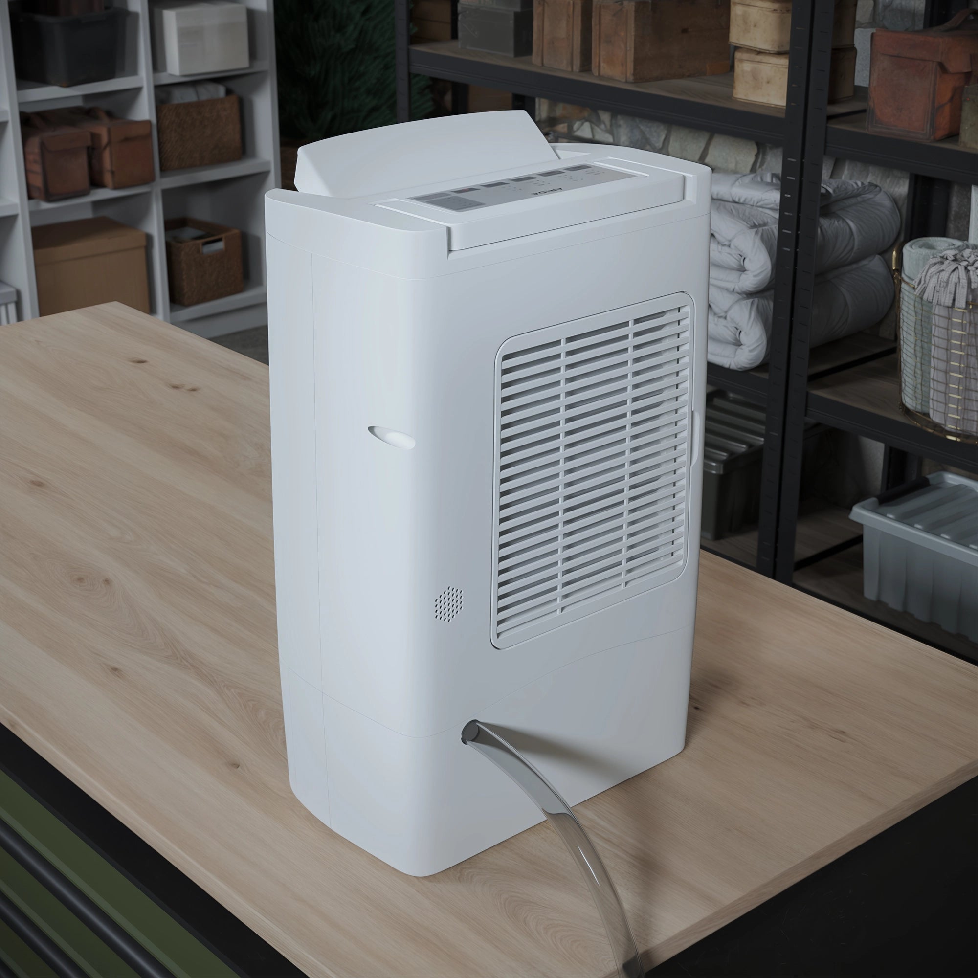 Arida Sandefjord luftavfukter med tørkerotor og WiFi bakside med slangetilkobling for kontinuerlig drenering