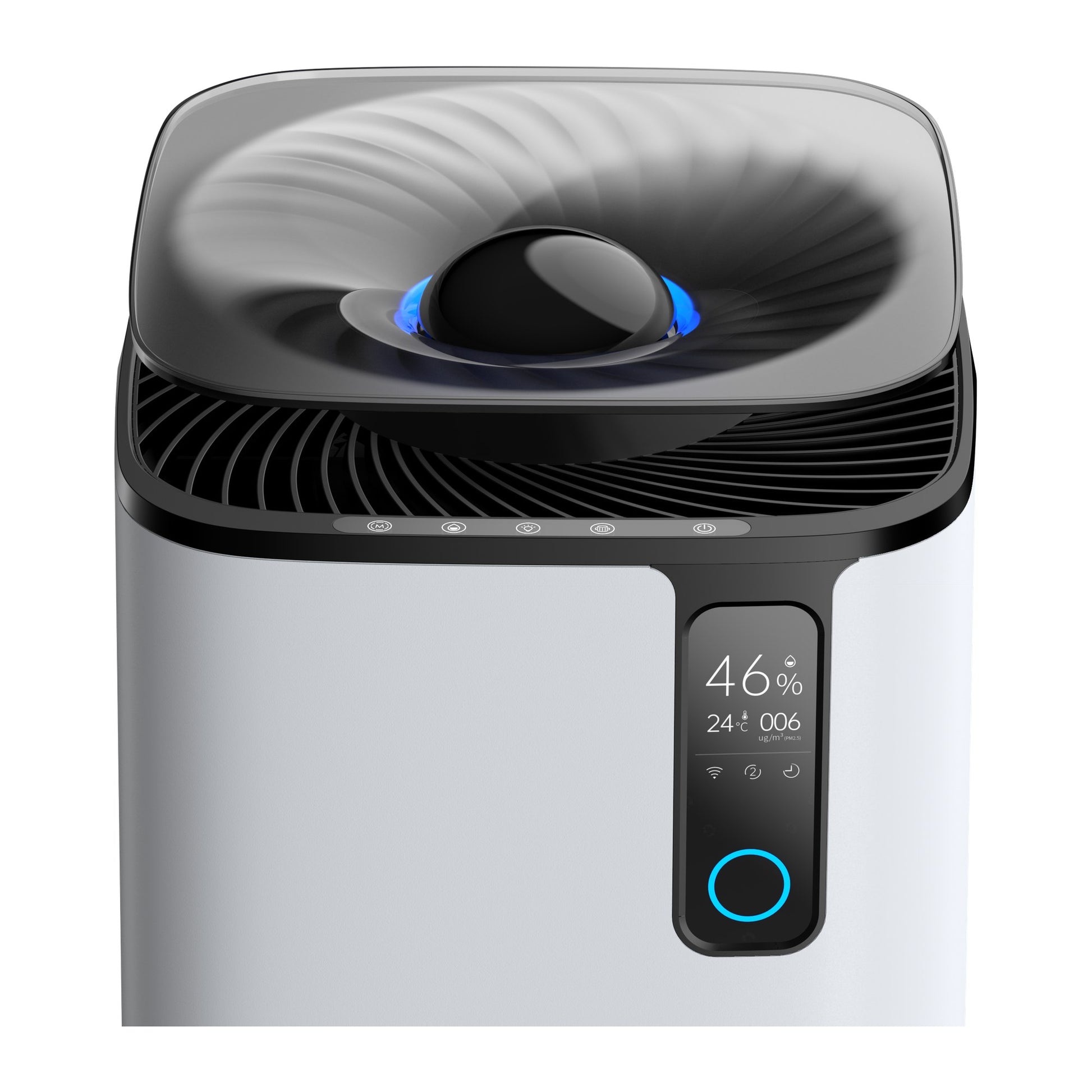 Betjeningspanel på Arida Wet 48 med luftfuktighet, temperatur og PM2.5