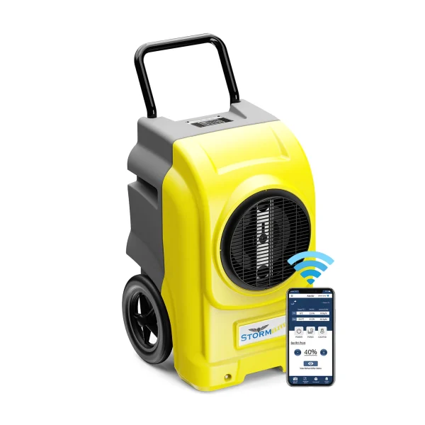 gul byggtørker med to store hjul og WiFi med app på telefon