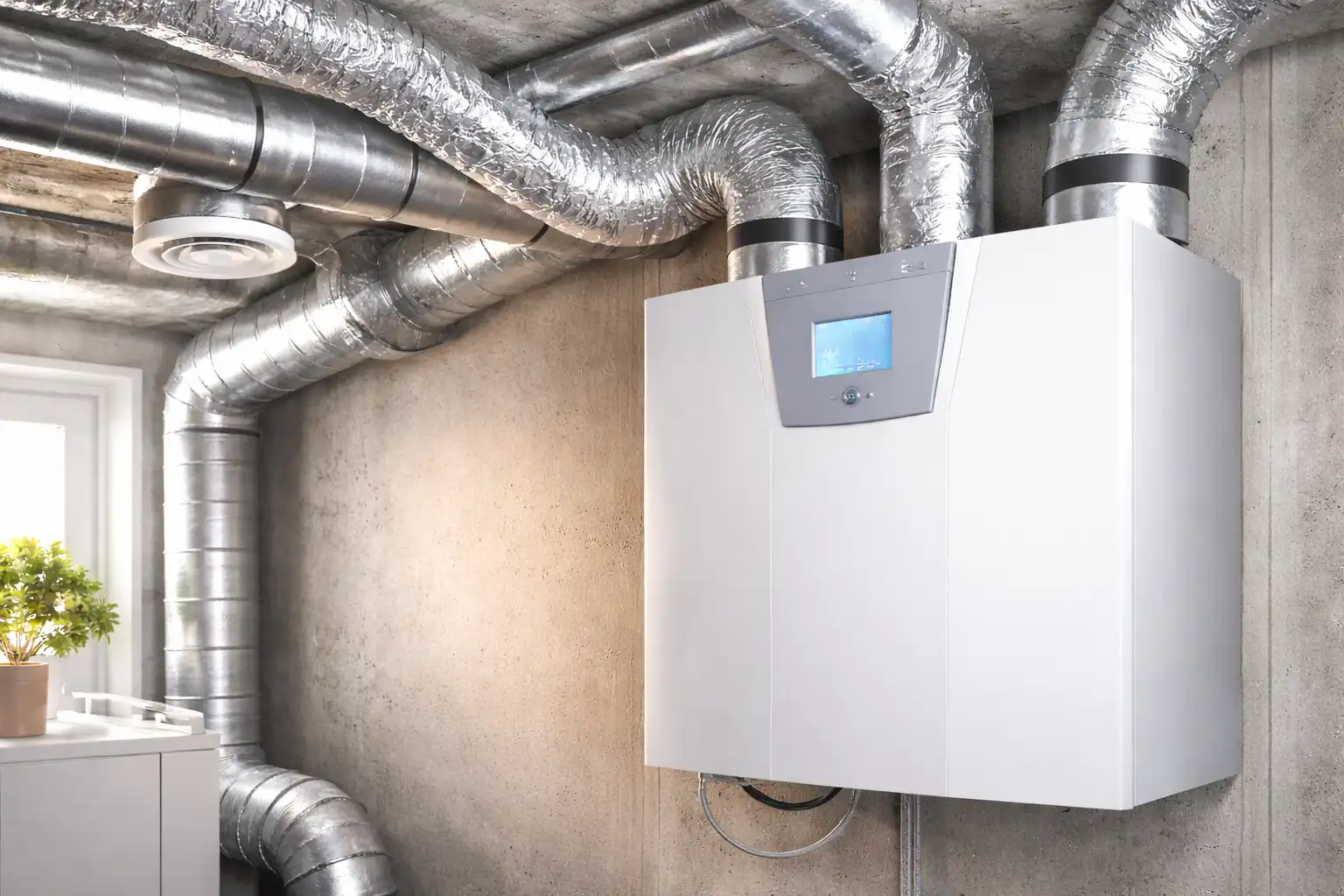 ventilasjonsanlegg i teknisk rom med rør til alle retninger