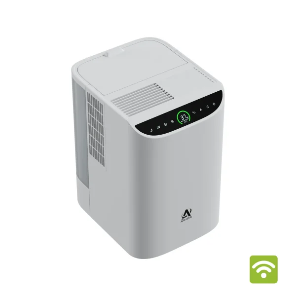 hvit luftfukter med sort display, sort logo og grønt ikon for wifi i venstre hjørne