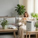 luftfukter i stue ved kvinne i sofa med planter rundt på et bord