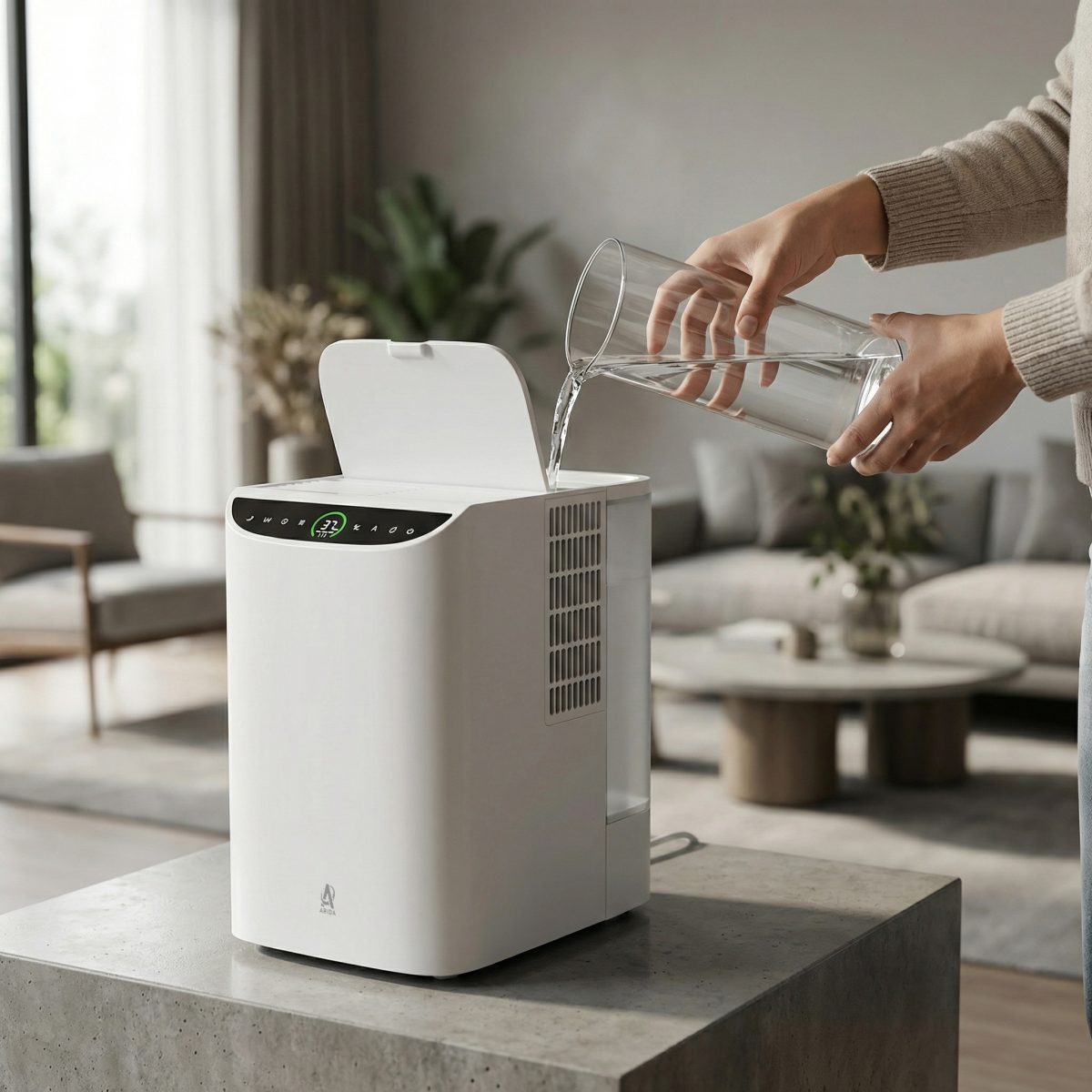 luftfukter med lokk på topp og påfylling av vann fra vannkanne