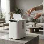 luftfukter med lokk på topp og påfylling av vann fra vannkanne