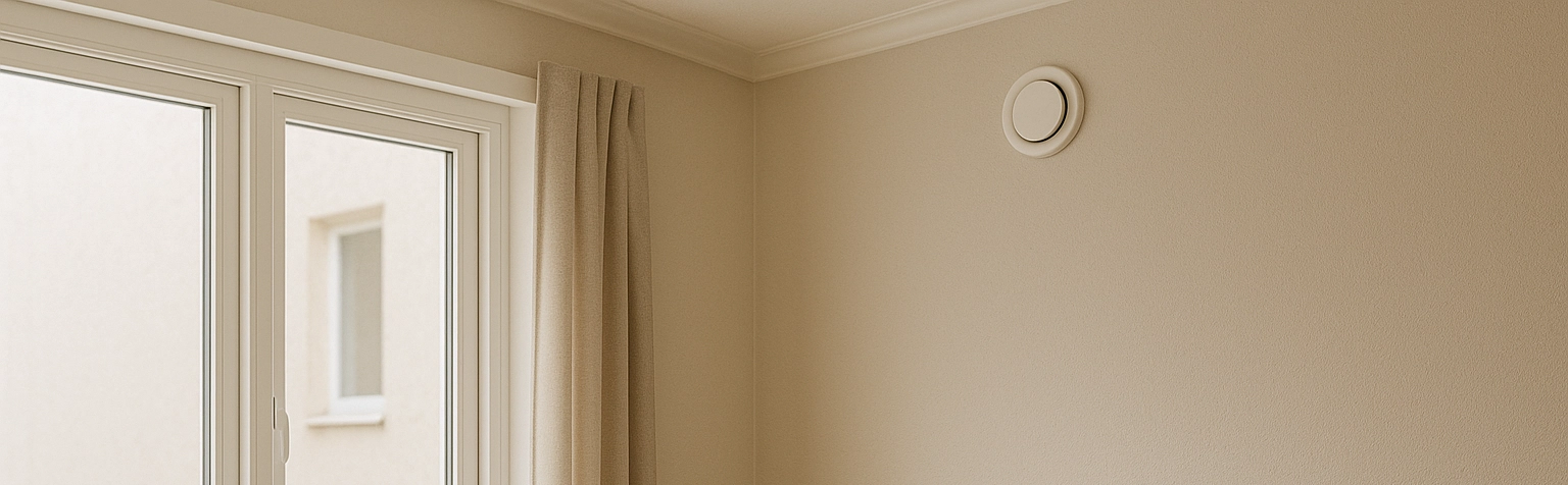 hvit ventil fra ventilasjon på beige vegg