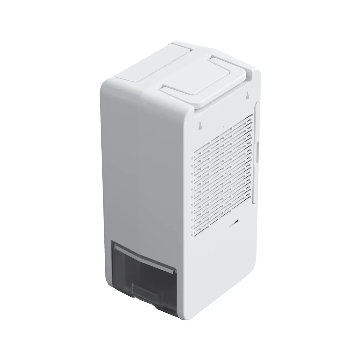 hvit luftavfukter bakside med vanntank på siden