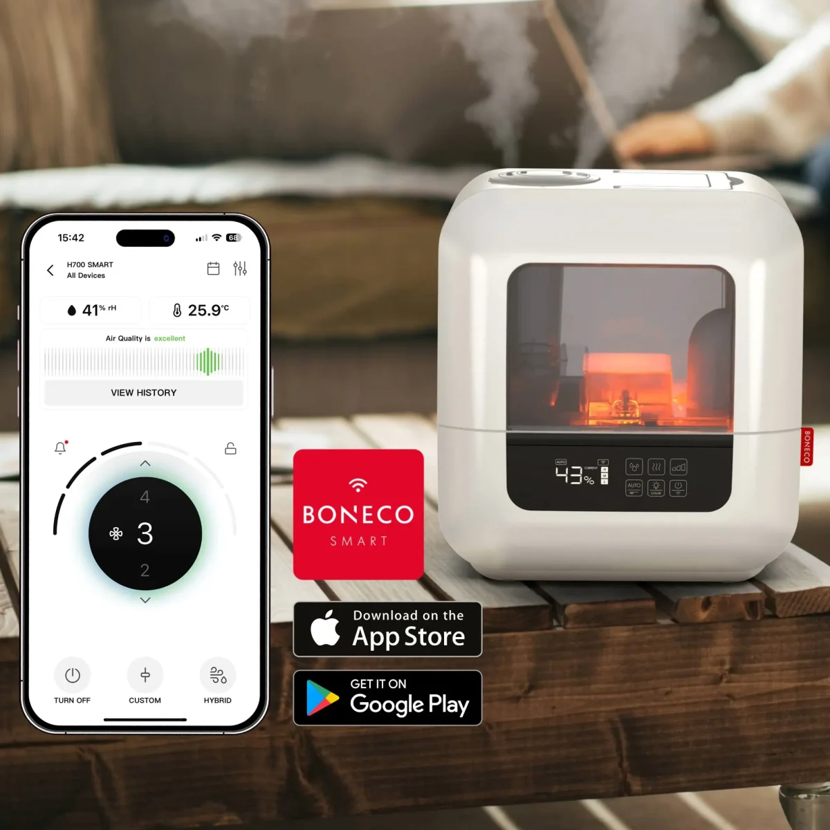 BONECO Smart app brukergrensesnitt