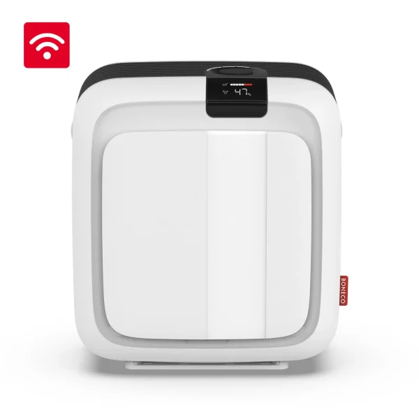 Hvit og sort luftfukter med display og WiFi ikon