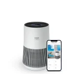 luftrenser sylinder med sort topp og app på mobil