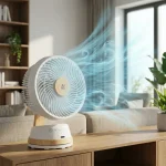 hvit Japandi vifte med lyse tre detaljer og en illustrert luftstrøm i blått