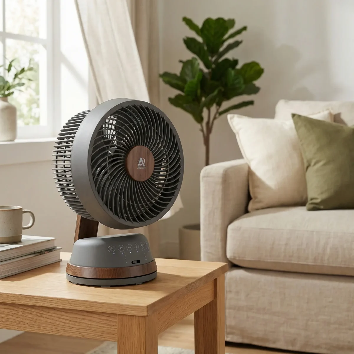 moderne Japandi vifte i mørk brun med brune tredetaljer på et eikebord