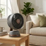 moderne Japandi vifte i mørk brun med brune tredetaljer på et eikebord